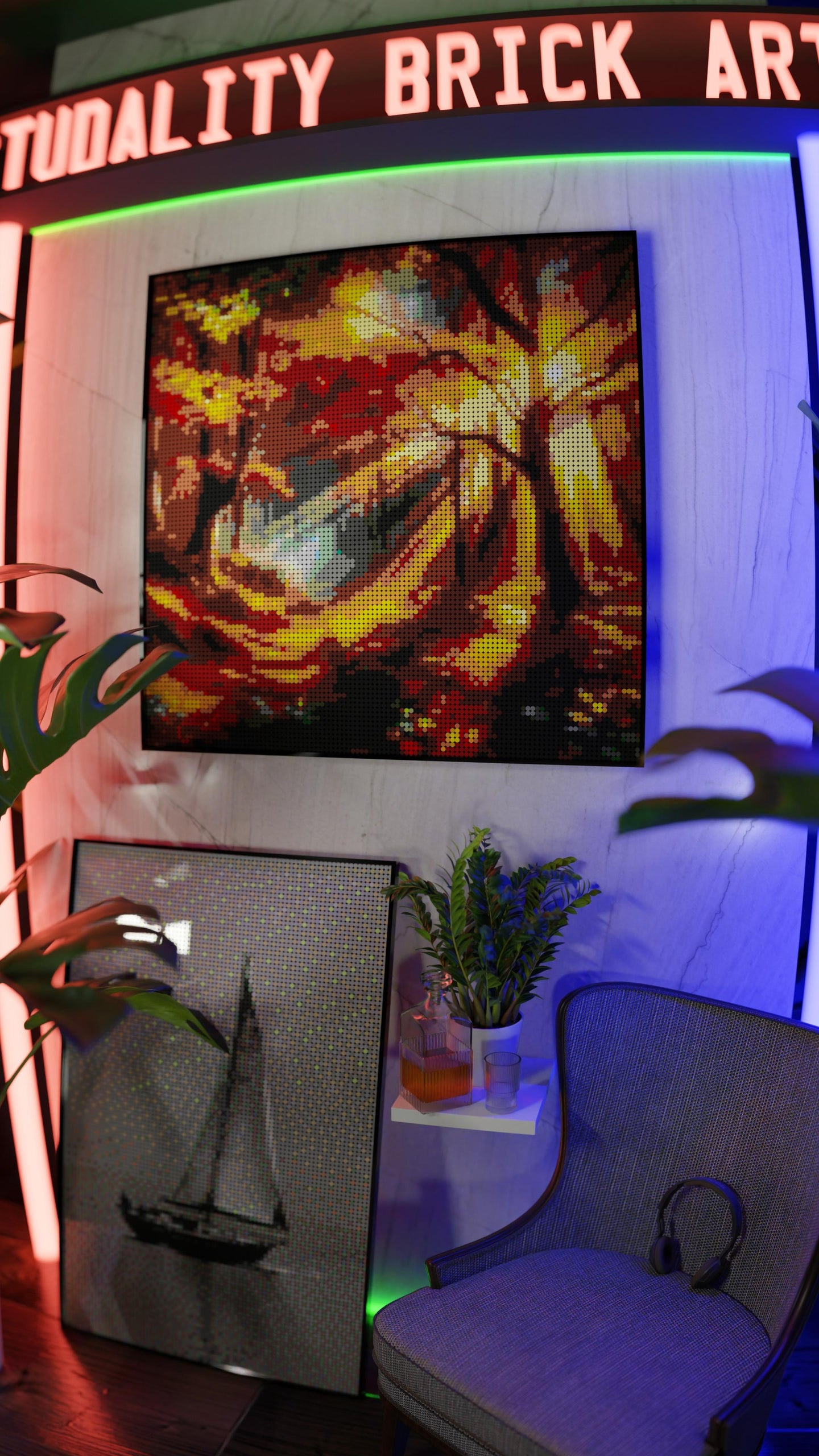 Autumn Sun LEGO® Style mosaic wall art made from colorful plastic bricks